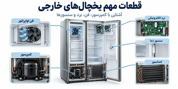 قطعات مهم یخچال خارجی مانند کمپرسور، فن، برد و سنسورها