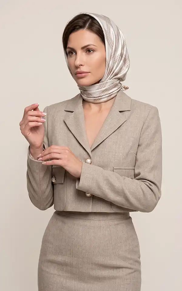 استایل رسمی زنانه با کت کوتاه بژ، دکمه‌های مرواریدی و دامن ست، همراه با روسری روشن
