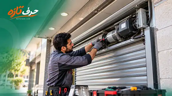 تعمیرکار حرفه ای کرکره برقی در حال عیب یابی و تعمیر موتور، شفت، مدار کنترل و قطعات مکانیکی کرکره برقی با ابزار تخصصی در ورودی یک ساختمان مدرن